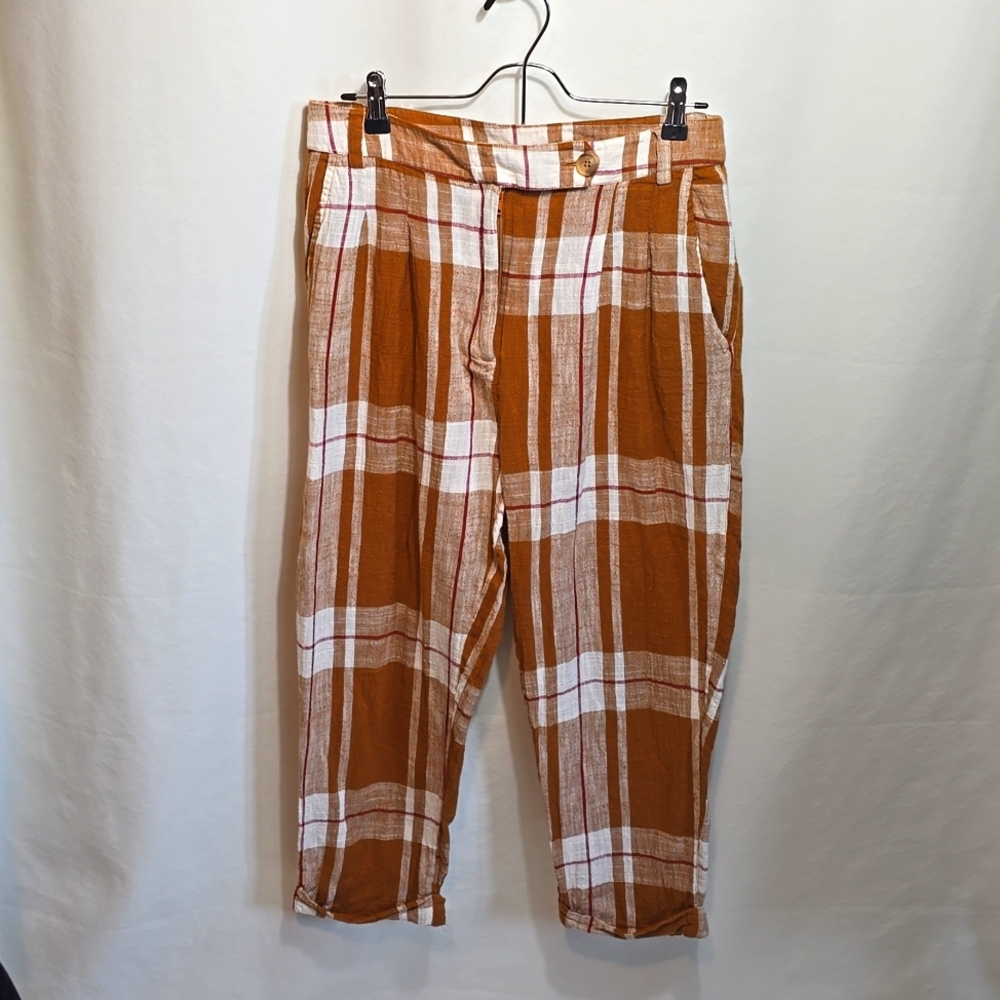 TOPSHOP Cotton Plaid Lightweight Pleated Pants Cuffed Hem Size 10